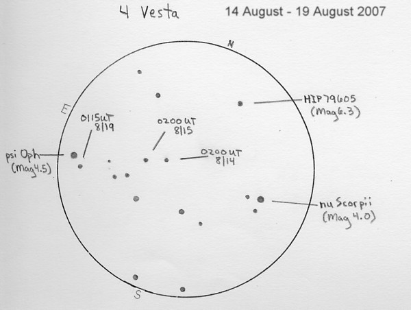 Michael Rosolina's sketch of Vesta covering 14-19 Aug 2007